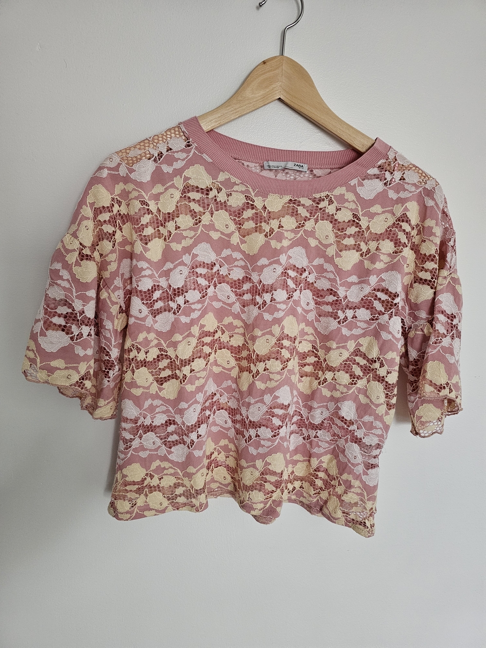 Zara Pink Lace Overlay Short Sleeve Top Blouse Bell Sleeves Size S